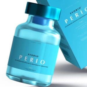 A bottle of perio is sitting in its box.