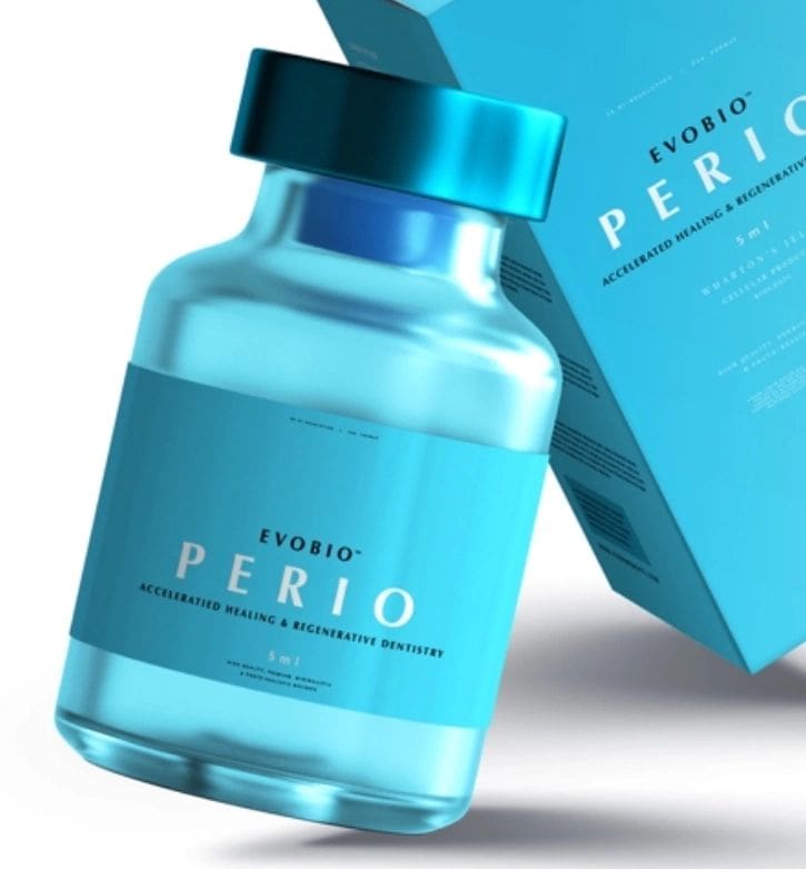 A bottle of perio is sitting in its box.